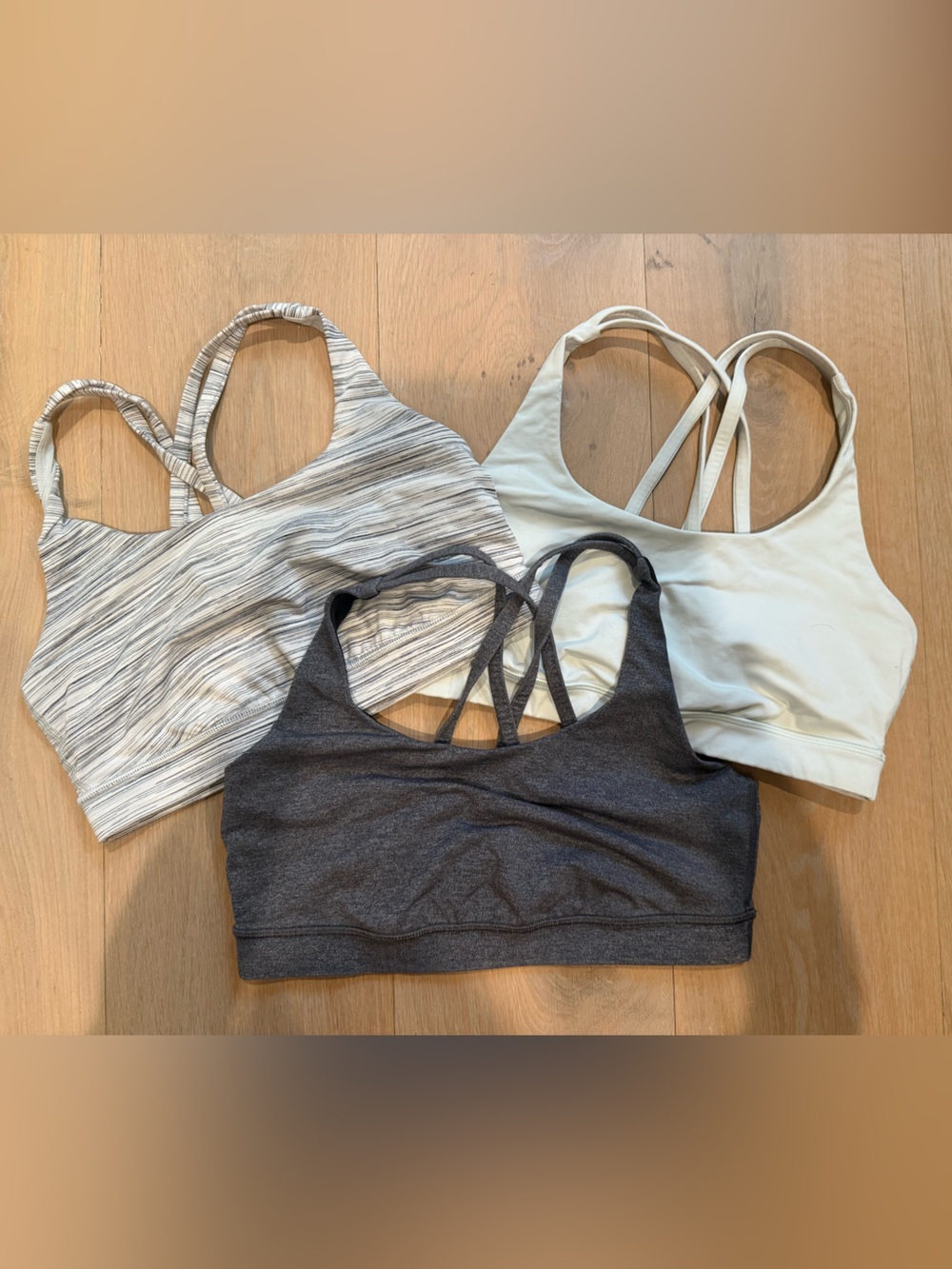 Lululemon 3-Pack Energy Sports Bras - Charcoal, Cream, Striped Light Gray